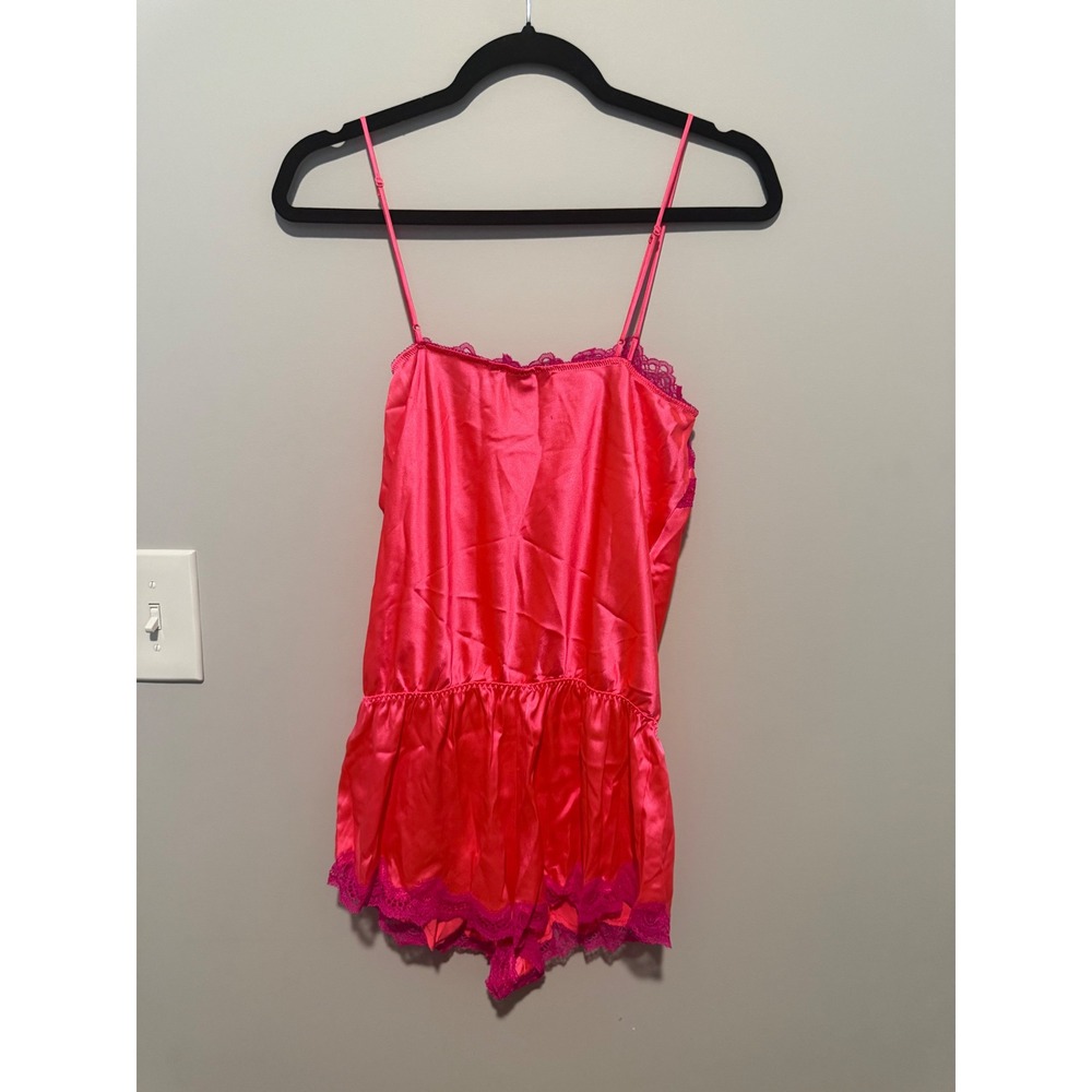 Victorias Secret Pink Satin Lace Trim Romper Sleepwear Medium Neon Pink